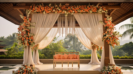 Fototapeta na wymiar Javanese Outdoor Wedding Pavilion with Large Canopy, Vibrant Batik Cloth Curtains, Javanese Wedding Ceremony Elegance