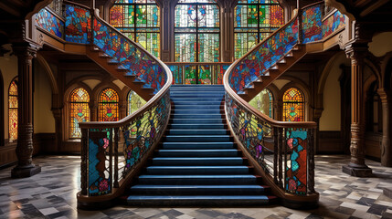 Fototapeta na wymiar Indian Staircase, Stately and Ornate Wrought Iron Railings, Intricate Mosaic Patterns