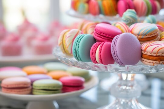 detail of a dessert table with colorful macarons