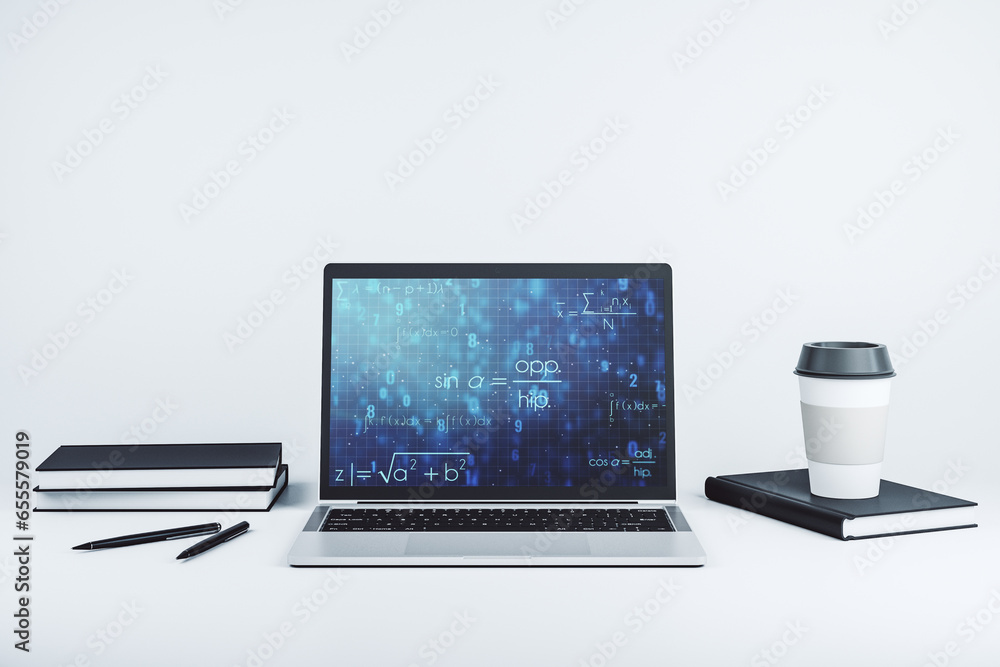 Poster Modern computer monitor with creative scientific formula concept, research and development concept. 3D Rendering