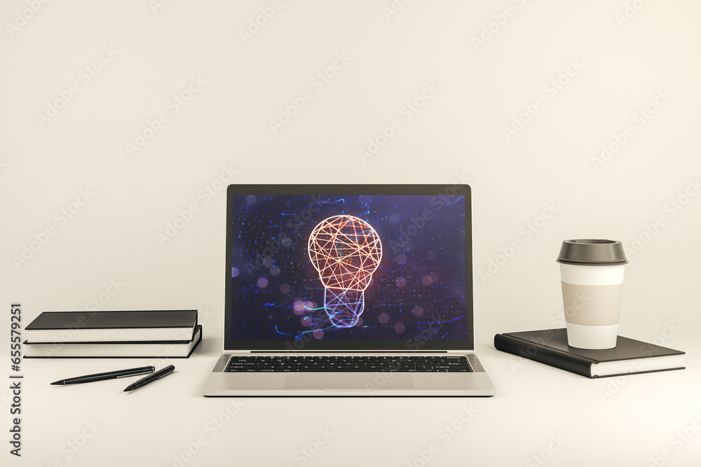 Aufkleber Modern computer monitor with creative light bulb hologram, research and development concept. 3D Rendering