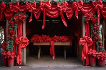 stall decorated with large red bows and holly leaves