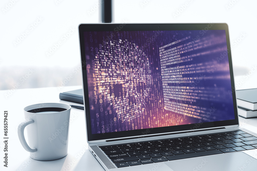Poster Modern computer monitor with creative code skull hologram. Malware and cyber crime concept. 3D Rendering