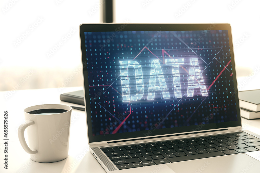 Fototapete creative data word hologram on modern laptop monitor, big data and blockchain concept. 3d rendering
