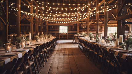 Fototapeta na wymiar Concept Romantic Rustic Barn Wedding with String Light and Wood Beams