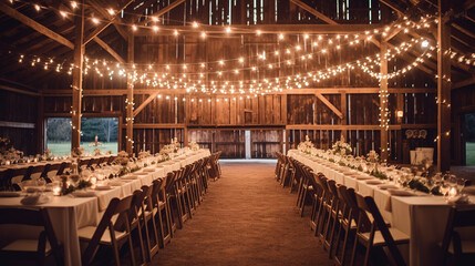 Concept Romantic Rustic Barn Wedding with String Light and Wood Beams - obrazy, fototapety, plakaty