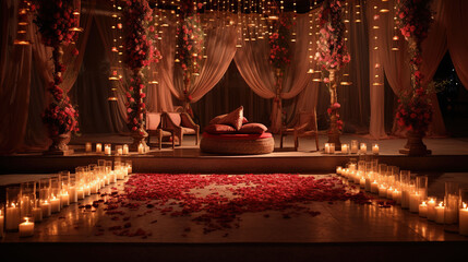 Sacred Wedding Ceremony Concept with Spiritually Mandap, Fragrant Flowers and Holy Fire
