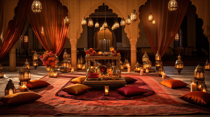 Traditional Arabic Henna Ceremony, Low Seating, Ornate Floor Cushions, Beautiful Henna Art and Pre-Wedding Traditions