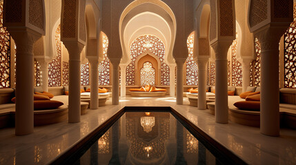 Traditional Arabic Hammam (Bath) With Intricate Tiles, Mosaic Patterns, Carved Marble Benches, Arabic Spa Luxury - obrazy, fototapety, plakaty