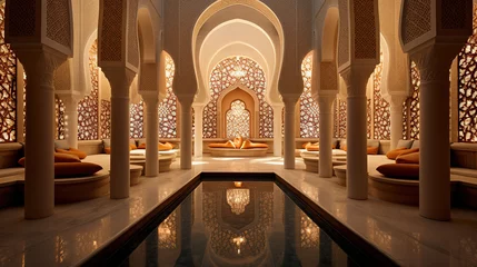 Fototapeten Traditional Arabic Hammam (Bath) With Intricate Tiles, Mosaic Patterns, Carved Marble Benches, Arabic Spa Luxury © Magenta Dream