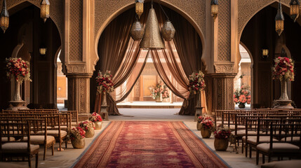 Traditional Arabic Wedding Ceremony, Curved Background, Ornate Carpet, Luxury Fabrics And Flower Arrangements - obrazy, fototapety, plakaty