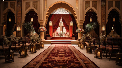 Traditional Arabic Wedding Ceremony, Curved Background, Ornate Carpet, Luxury Fabrics And Flower Arrangements - obrazy, fototapety, plakaty