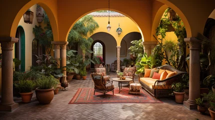 Fotobehang Traditional Indian Courtyard With Central Courtyard, Surrounded By Arched Walkways, Colorful Tiles, Potted Plants © Magenta Dream