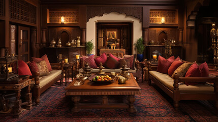 Traditional Indian Living Room, Low Seating, Ornate Wood Furniture, Hand Woven Rugs and Brass Accents - obrazy, fototapety, plakaty