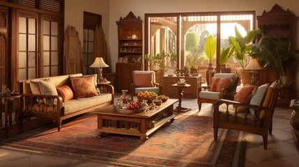 Fotobehang Traditional Indian Living Room, Low Seating, Ornate Wood Furniture, Hand Woven Rugs and Brass Accents © Magenta Dream