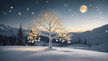 A snowy white landscape with a single, sleek silver tree adorned with a sparse arrangement of delicate golden ornaments, casting a soft glow in the moonlight.