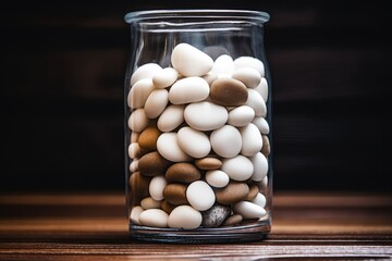 white pebbles stacked in a glass jar