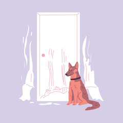 Pet mess in room, vector disorder and destruction by naughty brown shepherd dog, damaged white door, scratched wallpaper
