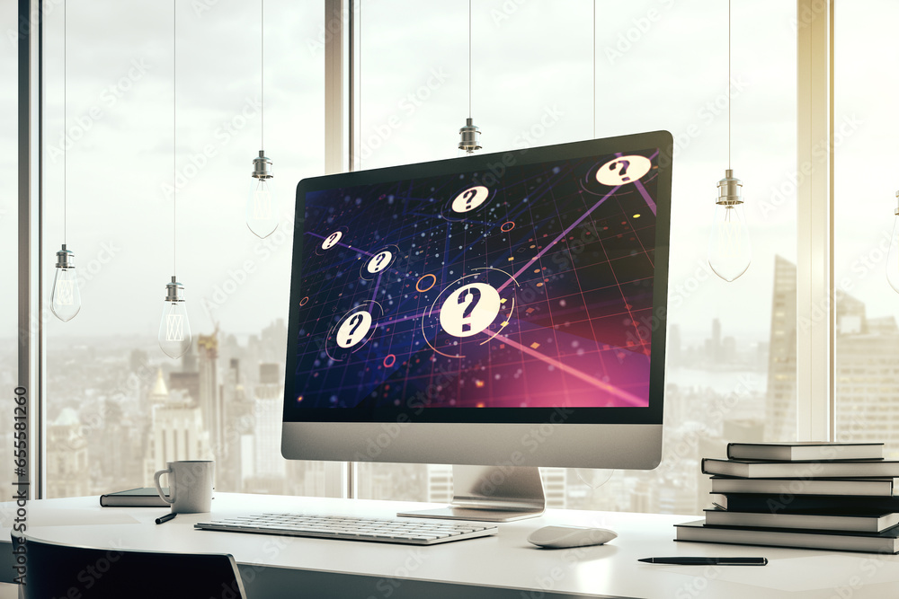 Aufkleber creative abstract question mark sketch on modern laptop monitor, faq and research concept. 3d render