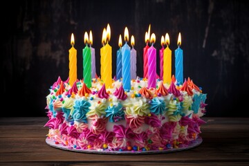 a birthday cake with colorful candles