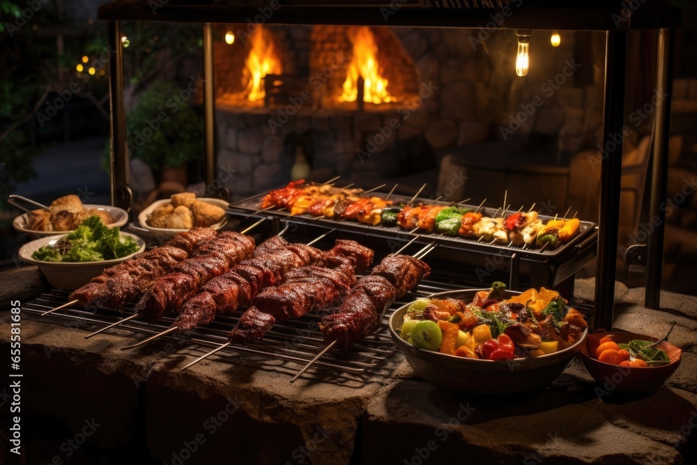 Wall mural brazilian style bbq setup with fire-grilled meat and skewers