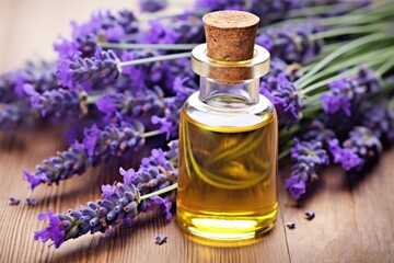 Obraz na płótnie Canvas close-up of lavender essential oil in a glass bottle