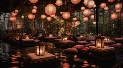 Japanese Style Wedding Reception with Low Dining Table, Floor Cushions, Paper Lanterns and Floral Decorations