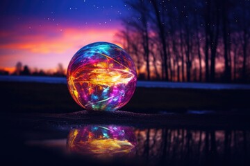 a vibrant-colored ball with lights against night sky