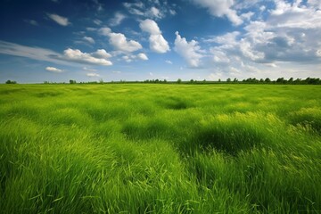Image depicting a lush green field of grass. Generative AI - obrazy, fototapety, plakaty