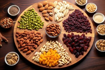 Fototapeta premium symmetrical arrangement of nuts and seeds on the wooden board