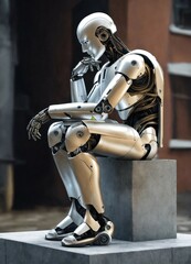 Metallic Robot thinking, sitting on a block, AI generative
