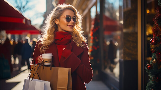 Beautiful woman enjoying shopping during Christmas season.