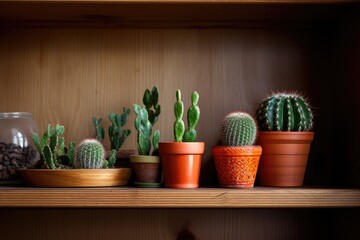 potted cactus on a wooden office shelf