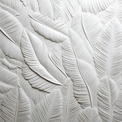 Clay wall texture with relief prints of white plant leaves, resource of background design