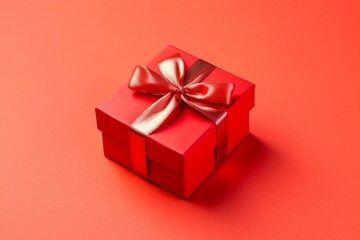 Red gift box with bow on red background, top view. Generative AI