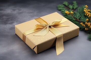 Fototapeta na wymiar rectangular gift box with minimalistic wrap decor on a gray surface
