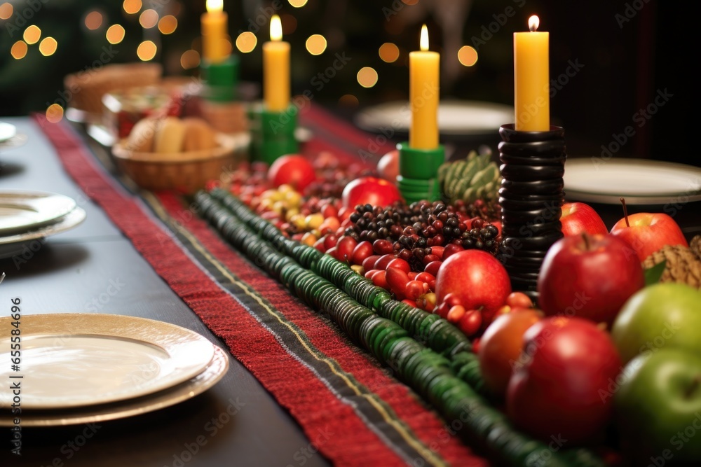 Wall mural traditional kwanzaa decorations arranged on a long table