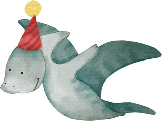 Pteradon dinosaur with winter costume . Christmas concept . Watercolor paint cartoon characters . PNG . © stockdevil