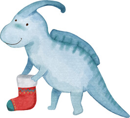 Dinosaur with winter costume . Christmas concept . Watercolor paint cartoon characters . PNG .