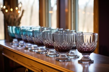 the wine glasses lined up by the punch bowl
