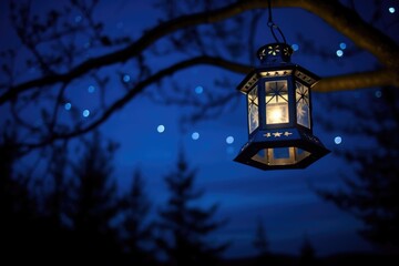 Fototapeta na wymiar lit lantern against a dark blue night sky