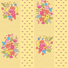 Childish cute cartoon colorful flower bouquets on yellow retro striped wallpaper seamless pattern, vector - 655585837