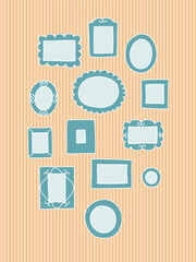 Gallery wall, collection of frames on a striped wall composition in blue and beige, vector - 655585853