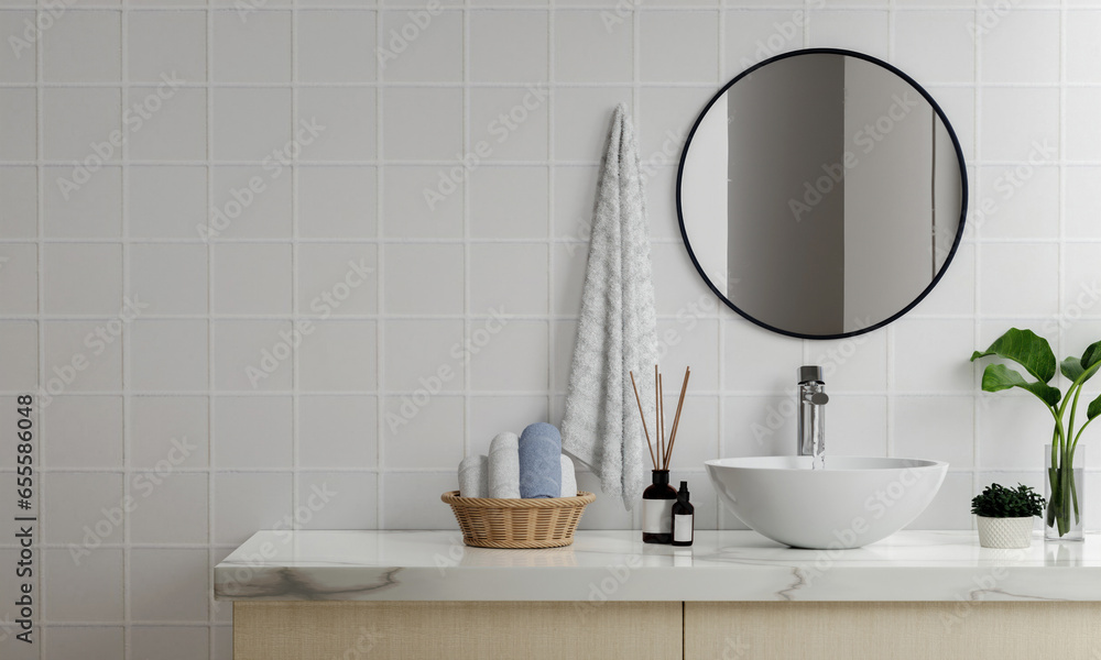 Poster 3d render an empty counter with ceramic washbasin and modern style faucet in a bathroom. blank space