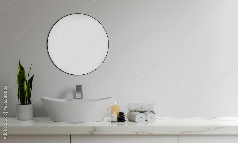 Poster 3d render an empty counter with ceramic washbasin and modern style faucet in a bathroom. blank space
