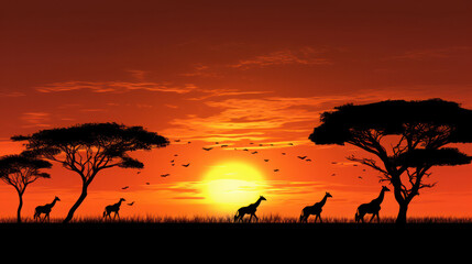 Fototapeta na wymiar Silhouette Animals safari in the sunset