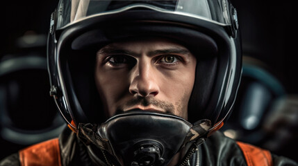 Fototapeta na wymiar A handsome man in motorcycle helmet. Generative Ai