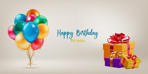 Festive birthday illustration with a bunch of colored helium balloons, several gift boxes with ribbons and bows and inscription Happy Birthday to you on light background