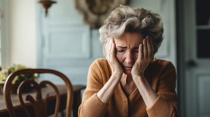 Elderly woman person suffering from Alzheimer's hand holding head in the living room - obrazy, fototapety, plakaty