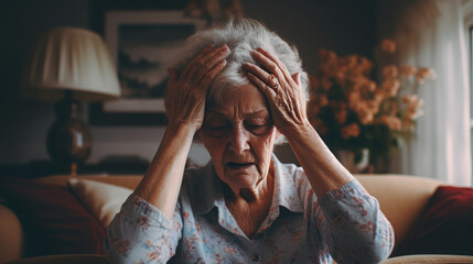 Elderly woman person suffering from Alzheimer's hand holding head in the living room - obrazy, fototapety, plakaty
